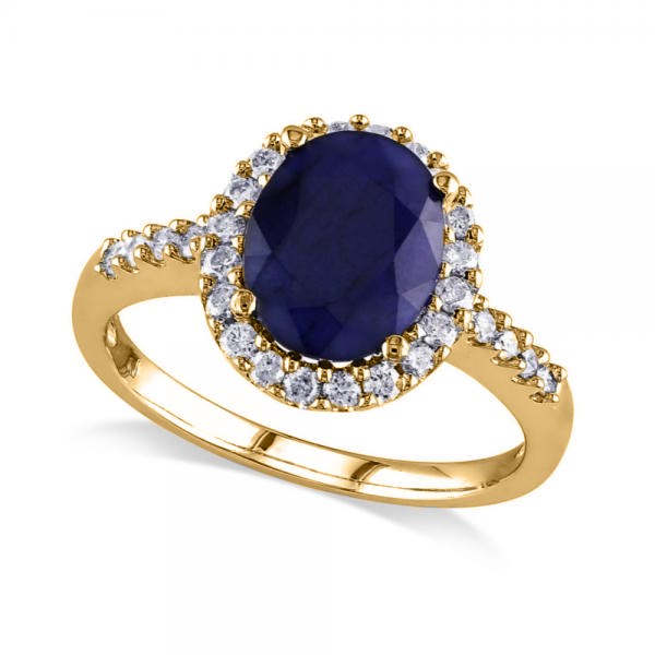 Oval Lab Blue Sapphire & Halo Lab Grown Diamond Engagement Ring 14k Yellow Gold 3.92ct