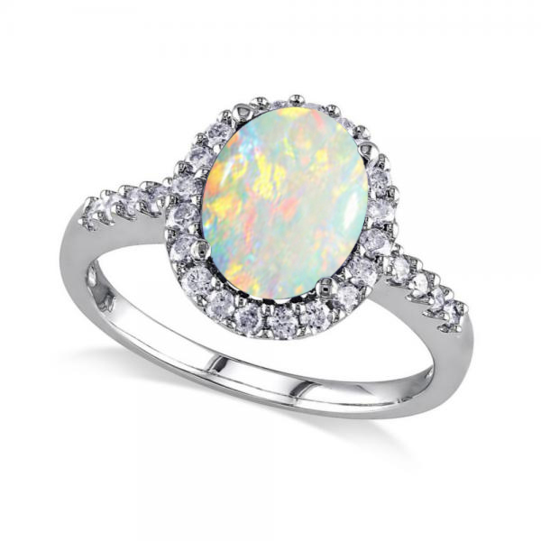 Oval Lab Opal & Halo Lab Grown Diamond Engagement Ring 14k White Gold 2.07ct
