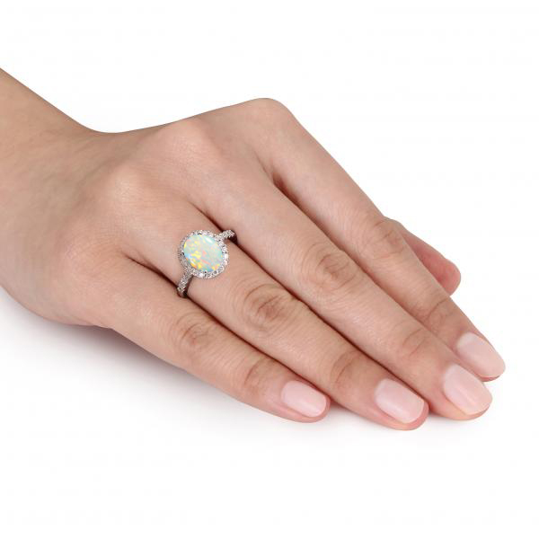 Oval Lab Opal & Halo Lab Grown Diamond Engagement Ring 14k White Gold 2.07ct
