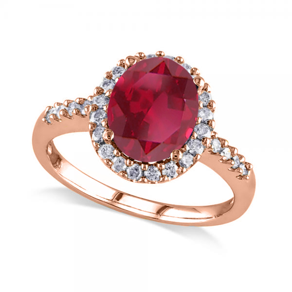 Oval Lab Ruby & Halo Lab Grown Diamond Engagement Ring 14k Rose Gold 3.57ct