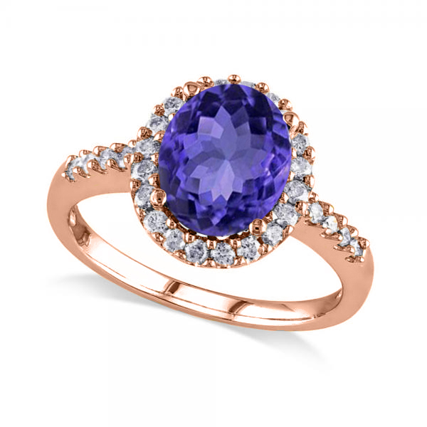Oval Lab Tanzanite & Halo Lab Grown Diamond Engagement Ring 14k Rose Gold 3.57ct
