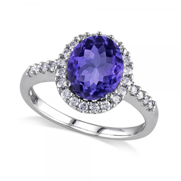 Oval Lab Tanzanite & Halo Lab Grown Diamond Engagement Ring 14k White Gold 3.57ct
