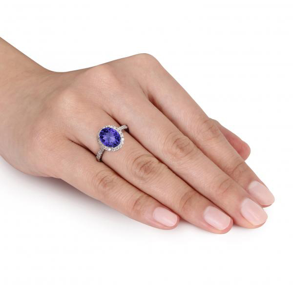 Oval Tanzanite & Halo Diamond Engagement Ring 14k White Gold 3.57ct