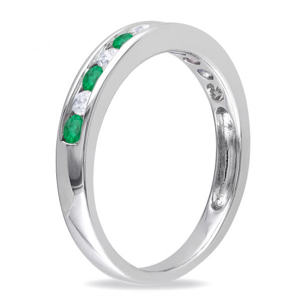 Channel Set Round Emerald & Diamond Wedding Band 14k White Gold (0.56ct)