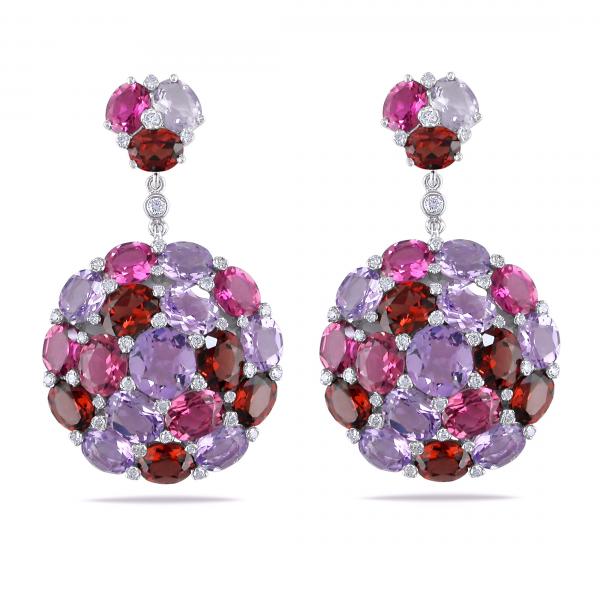 Multicolor Gemstone & Diamond Cluster Earrings 14k White Gold 16.75ct