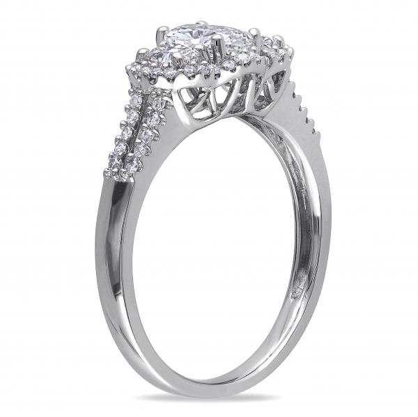 Oval Diamond 3 Stone Halo Engagement Ring w/Accents 14k W. Gold 1.00ct