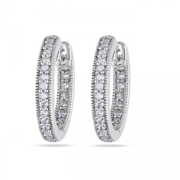 Vintage Inside Out Diamond Hoop Earrings Pave Set 14k White Gold 0.25ct
