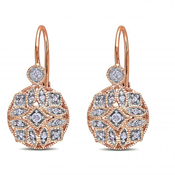 Vintage Style Leverback Diamond Earrings Floral 14k Rose Gold 0.15ct