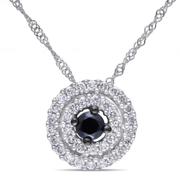 Black & White Diamond Pendant Necklace Halo 14k White Gold 0.50ct