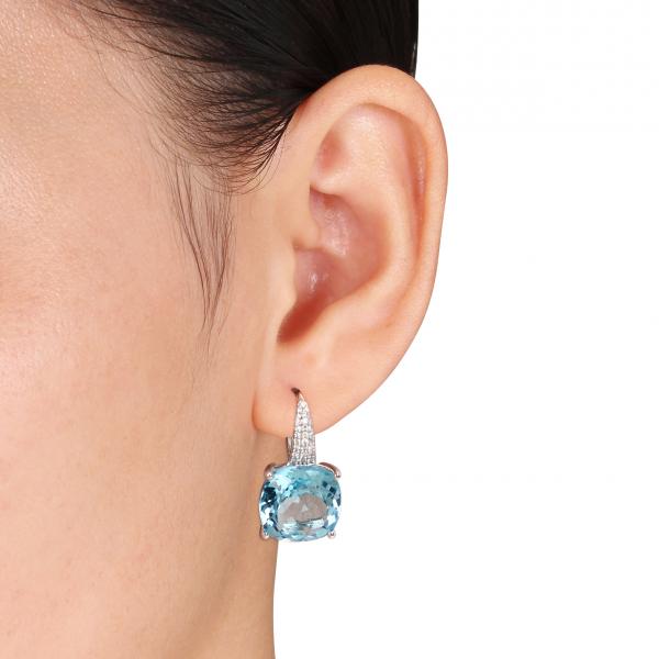 Diamond Sky Blue Topaz LeverBack Drop Earrings 14k White Gold 23.51ct