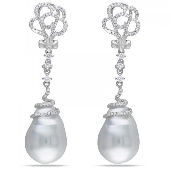 Freshwater Baroque Pearl Flower Earrings 14k W Gold (14.5-15mm 0.50ct)