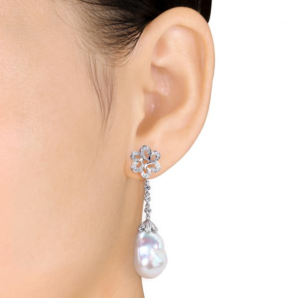 Freshwater White Pearl Flower Earrings 14k W Gold (13-13.5mm 0.50ct)