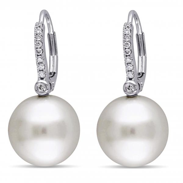 South Sea Pearl & Diamond Earrings Leverbacks 14k White Gold 11-11.5mm