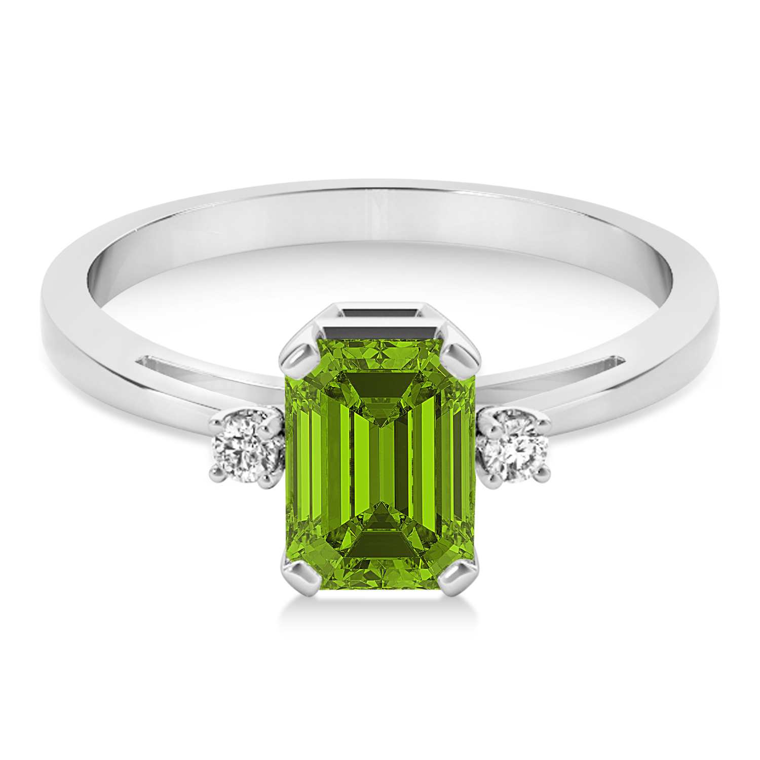 Peridot Emerald Cut ThreeStone Ring 14k White Gold (1.04ct) AZ10660