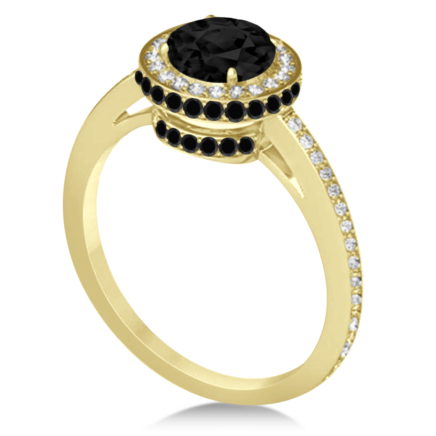 Oval Black & White Diamond Halo Engagement Ring 14k Yellow Gold (1.71ct)