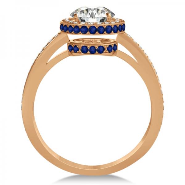 Diamond Halo Engagement Ring Blue Sapphire Accents 14k R. Gold 0.50ct