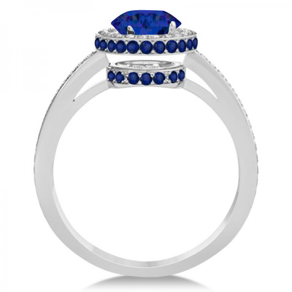 Oval Lab Blue Sapphire & Diamond Halo Engagement Ring 14k White Gold 2.00ct
