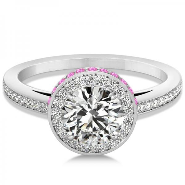 Diamond Halo Engagement Ring Pink Sapphire Accents 14k W. Gold 0.50ct