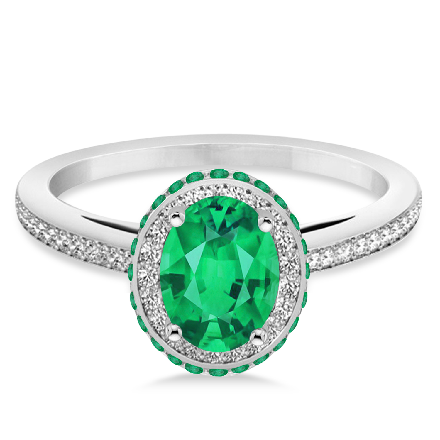 Oval Lab Emerald & Diamond Halo Engagement Ring 14k White Gold (1.76ct)