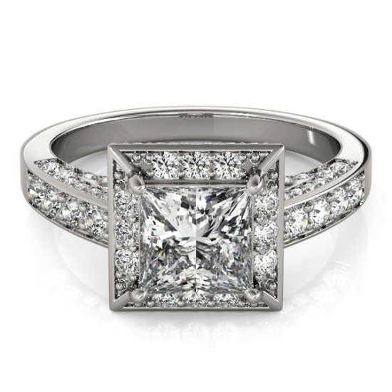 Princess Cut Diamond Halo Engagement Ring 14K White Gold (2.19ct)