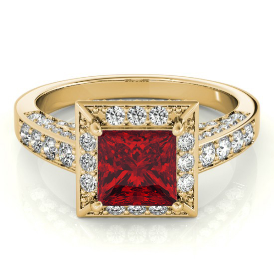 Princess Ruby & Diamond Engagement Ring 18K Yellow Gold (2.20ct)