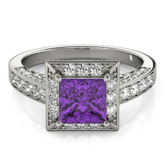 Princess Amethyst & Diamond Engagement Ring 14K White Gold (1.20ct)