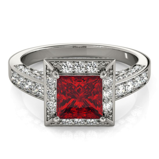 Princess Ruby & Diamond Engagement Ring 18K White Gold (1.20ct)