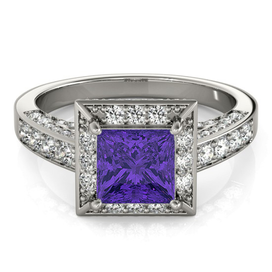 Princess Tanzanite & Diamond Engagement Ring 14K White Gold (1.20ct)