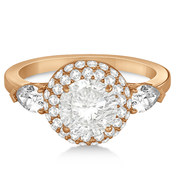 Pear Cut Side Stones & Diamond Halo Engagement Ring 14k R. Gold 0.75ct