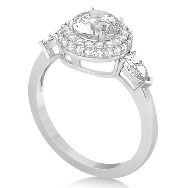 Pear Cut Side Stones & Diamond Halo Engagement Ring 14k W. Gold 0.75ct