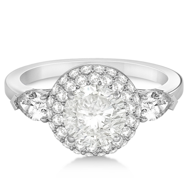 Pear Cut Side Stones & Diamond Halo Engagement Ring 14k W. Gold 0.75ct