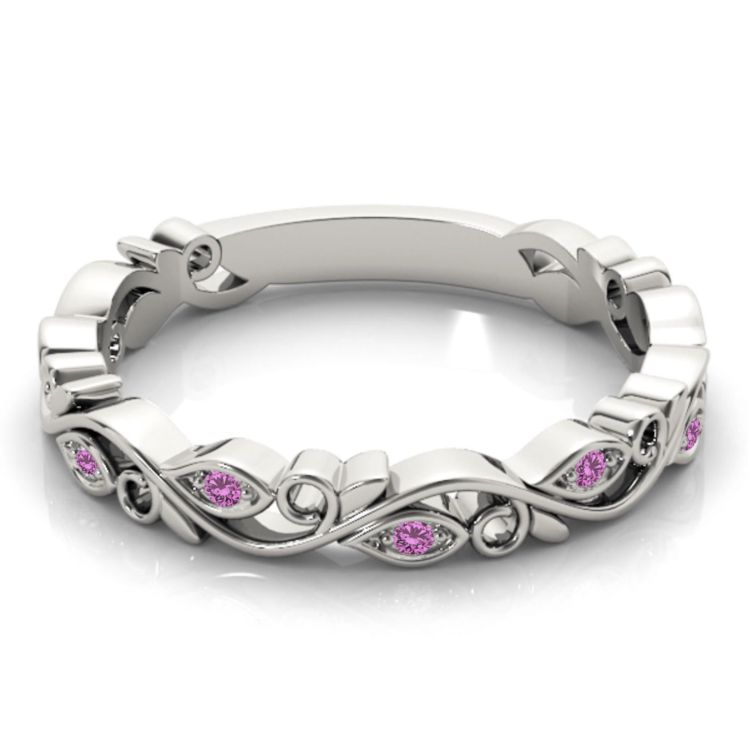 Pink Sapphire Leaf Fashion Ring Wedding Band 14k White Gold (0.05ct)
