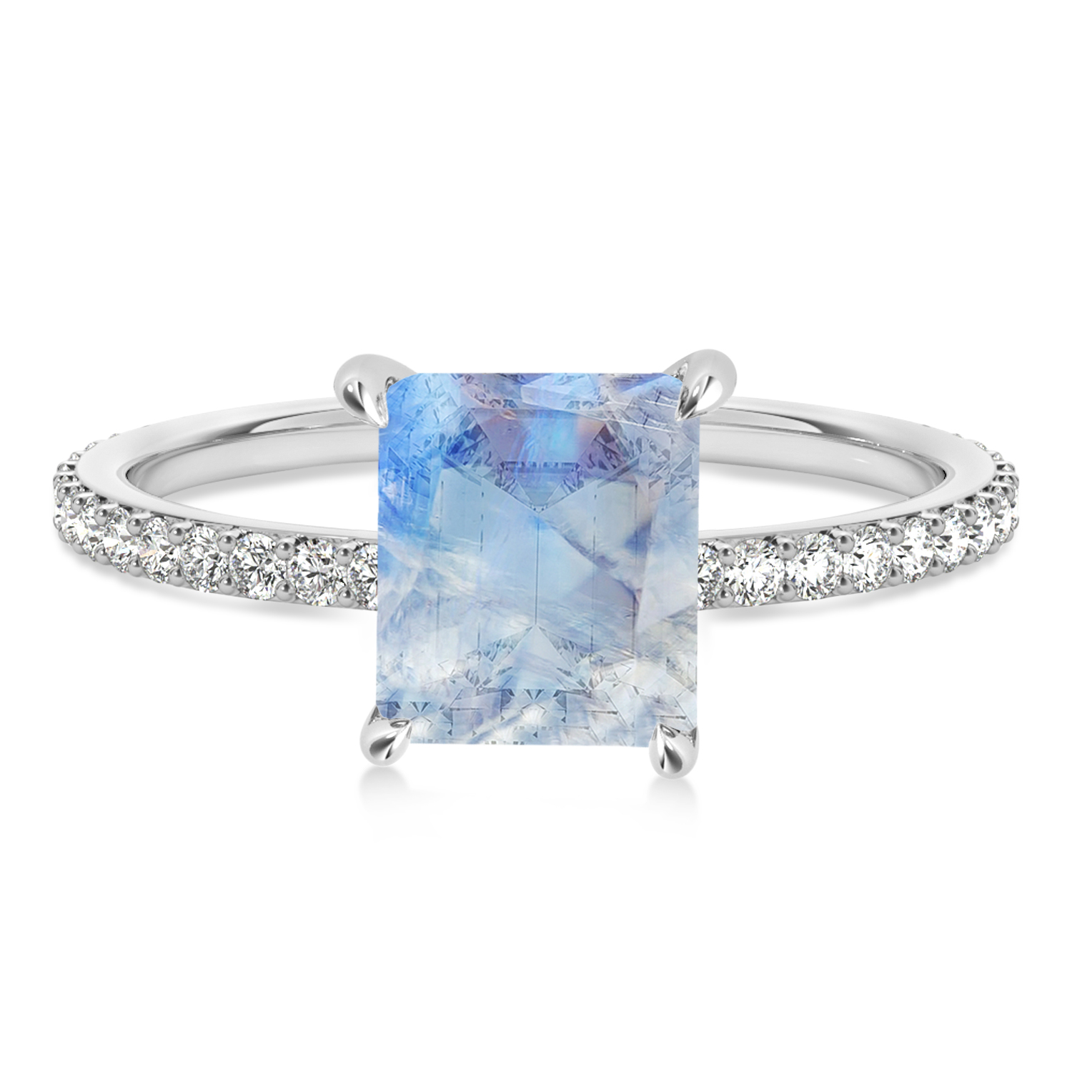 Emerald Moonstone & Diamond Hidden Halo Engagement Ring 14k White Gold (2.93ct)