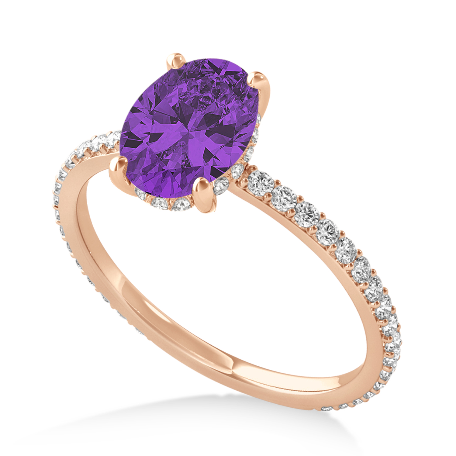 Oval Amethyst & Diamond Hidden Halo Engagement Ring 18k Rose Gold (0.76ct)