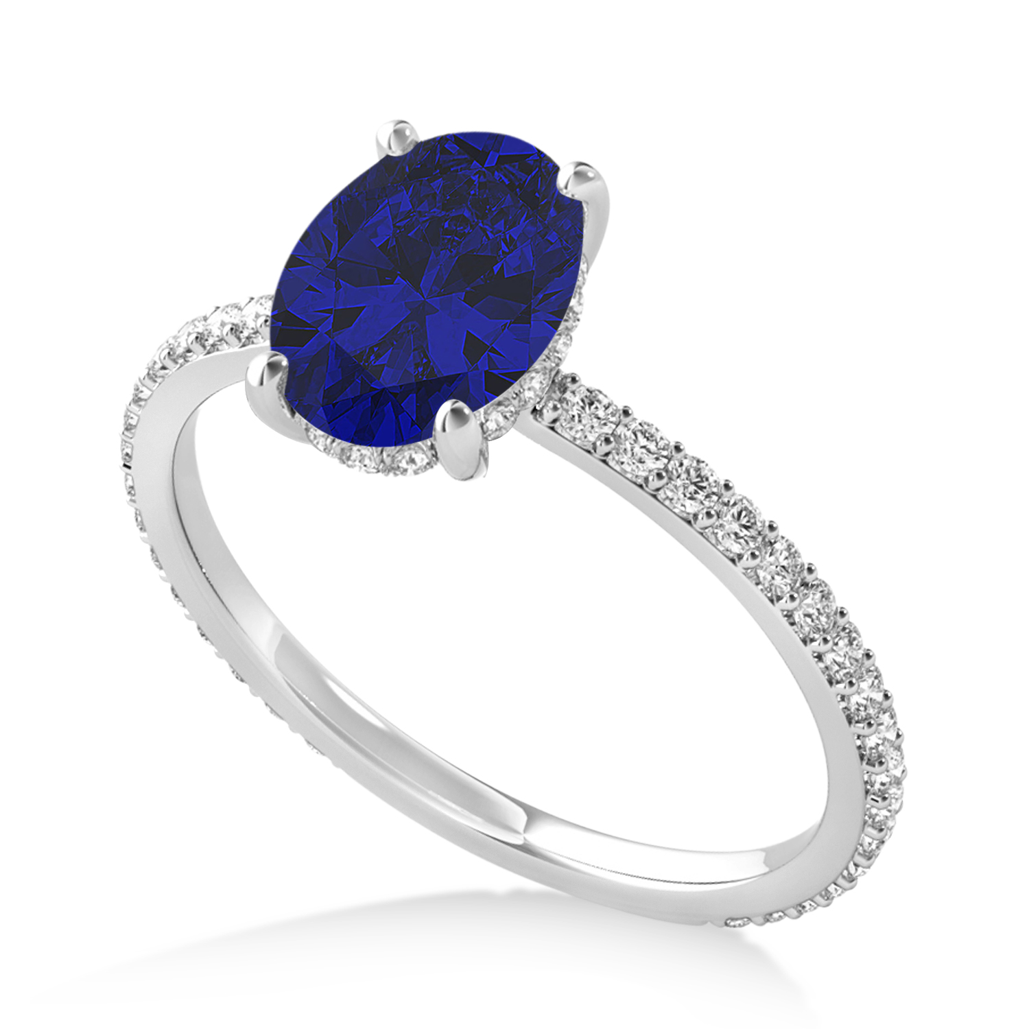 Oval Blue Sapphire & Diamond Hidden Halo Engagement Ring 18k White Gold (0.76ct)