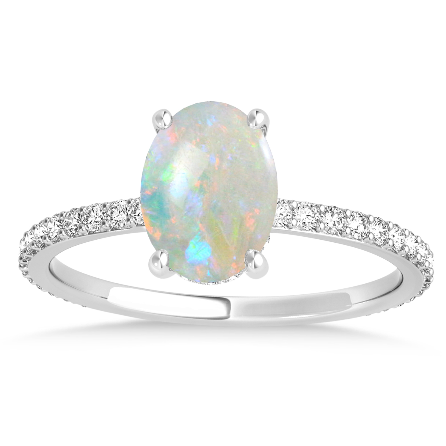 Oval Opal & Diamond Hidden Halo Engagement Ring 14k White Gold (0.76ct)