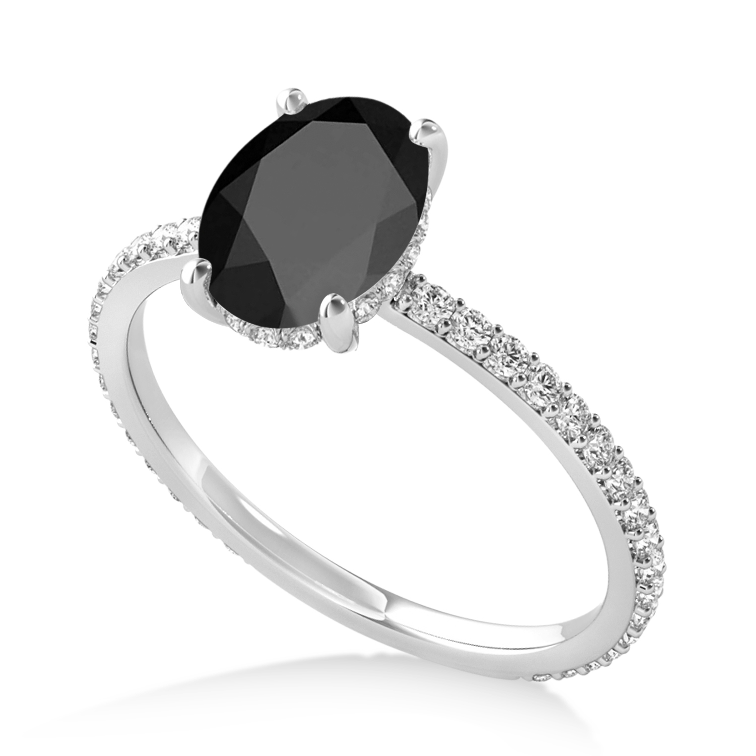 Oval Onyx & Diamond Hidden Halo Engagement Ring 14k White Gold (0.76ct)