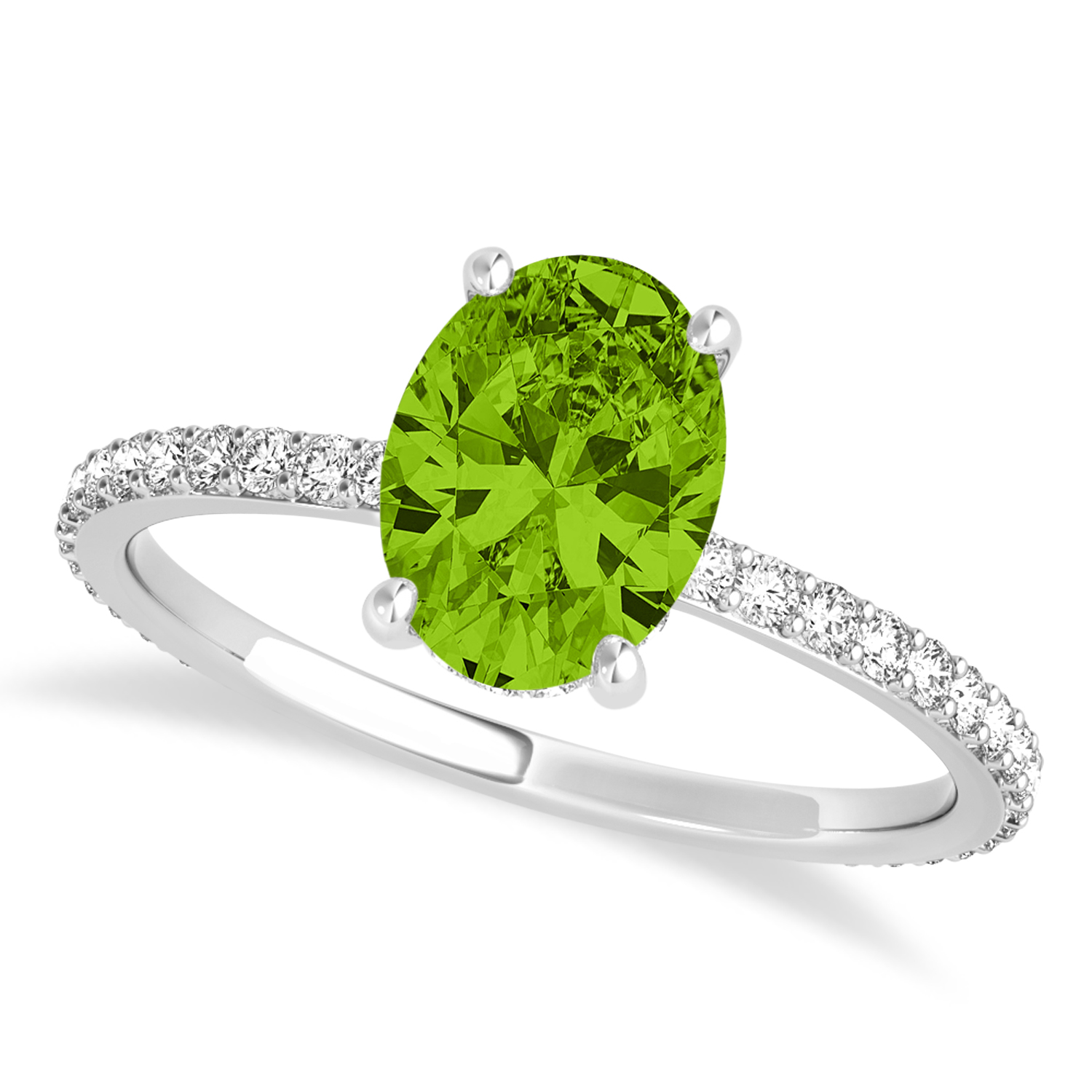 Oval Peridot & Diamond Hidden Halo Engagement Ring 14k White Gold (0.76ct)