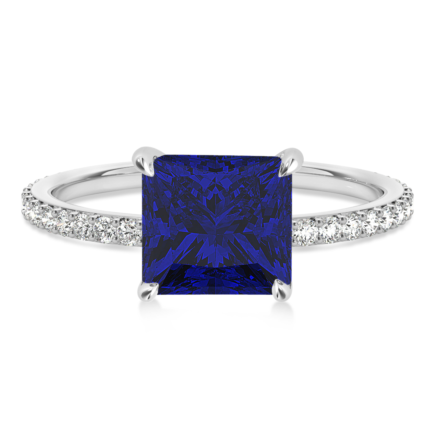 Princess Blue Sapphire & Diamond Hidden Halo Engagement Ring 14k White Gold (0.89ct)