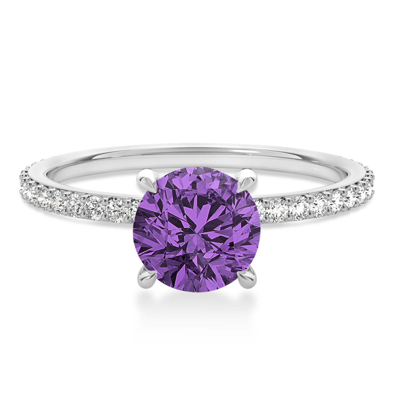 Round Amethyst & Diamond Hidden Halo Engagement Ring 14k White Gold (1.68ct)