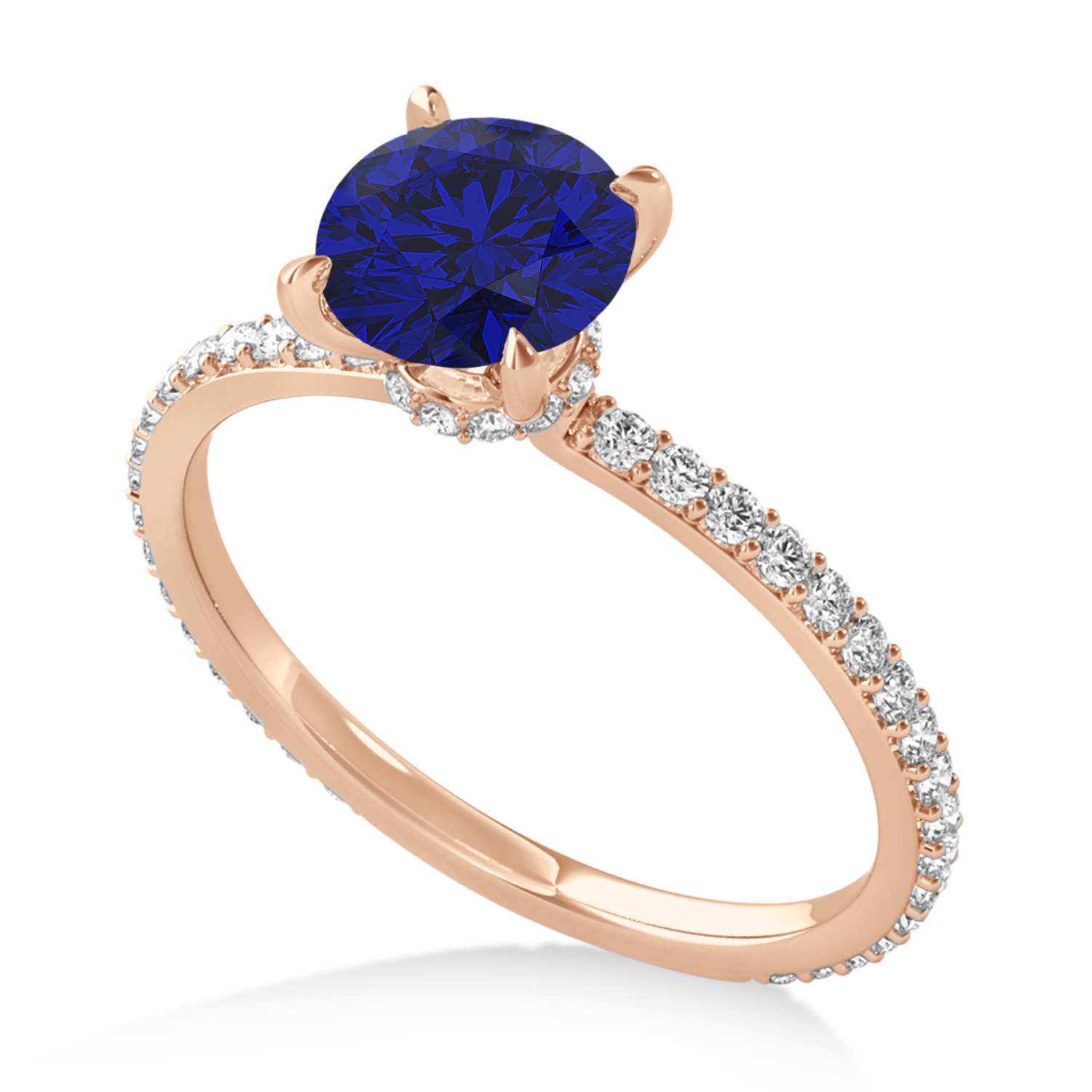 Round Blue Sapphire & Diamond Hidden Halo Engagement Ring 18k Rose Gold (1.68ct)