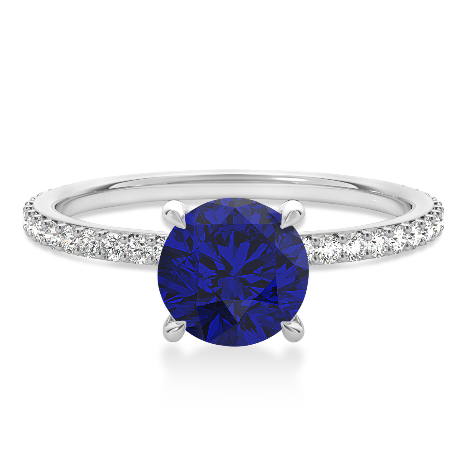 Round Blue Sapphire & Diamond Hidden Halo Engagement Ring 18k White Gold (1.68ct)