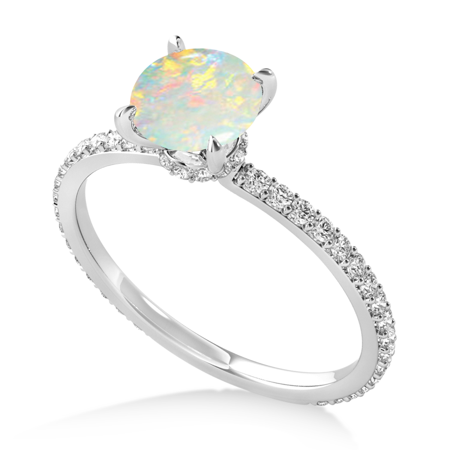 Round Opal & Diamond Hidden Halo Engagement Ring 14k White Gold (1.68ct)