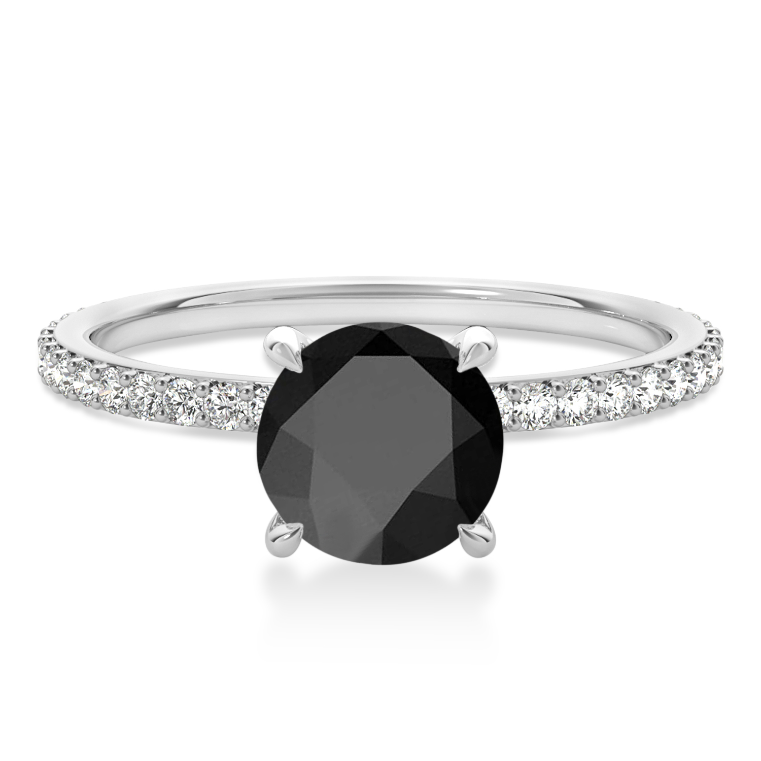Round Onyx & Diamond Hidden Halo Engagement Ring 14k White Gold (1.68ct)