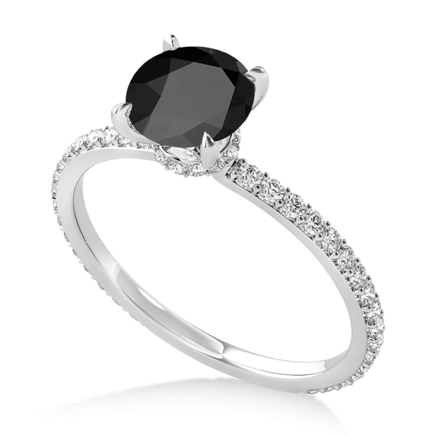 Round Onyx & Diamond Hidden Halo Engagement Ring 14k White Gold (1.68ct)
