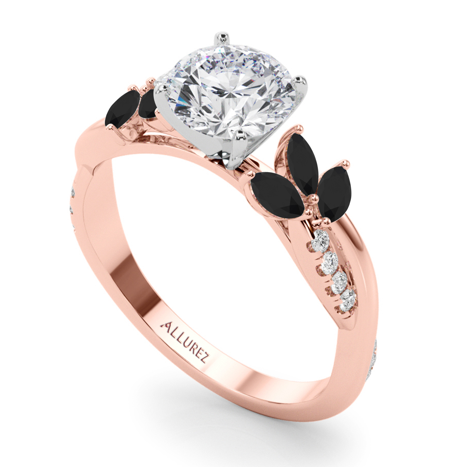 Diamond & Black Diamond Marquise Leaf Engagement Ring 14K Rose Gold (0.38ct)