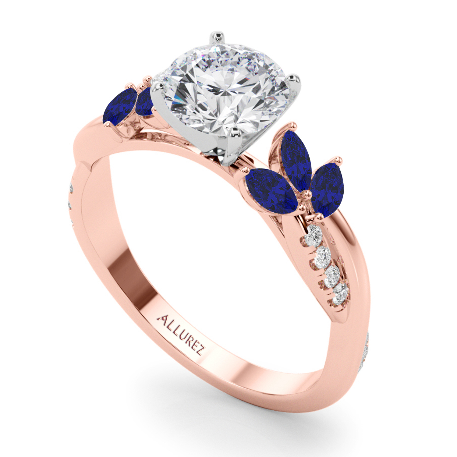 Lab Grown Diamond & Lab Blue Sapphire Marquise Leaf Engagement Ring 14K Rose Gold (0.38ct)