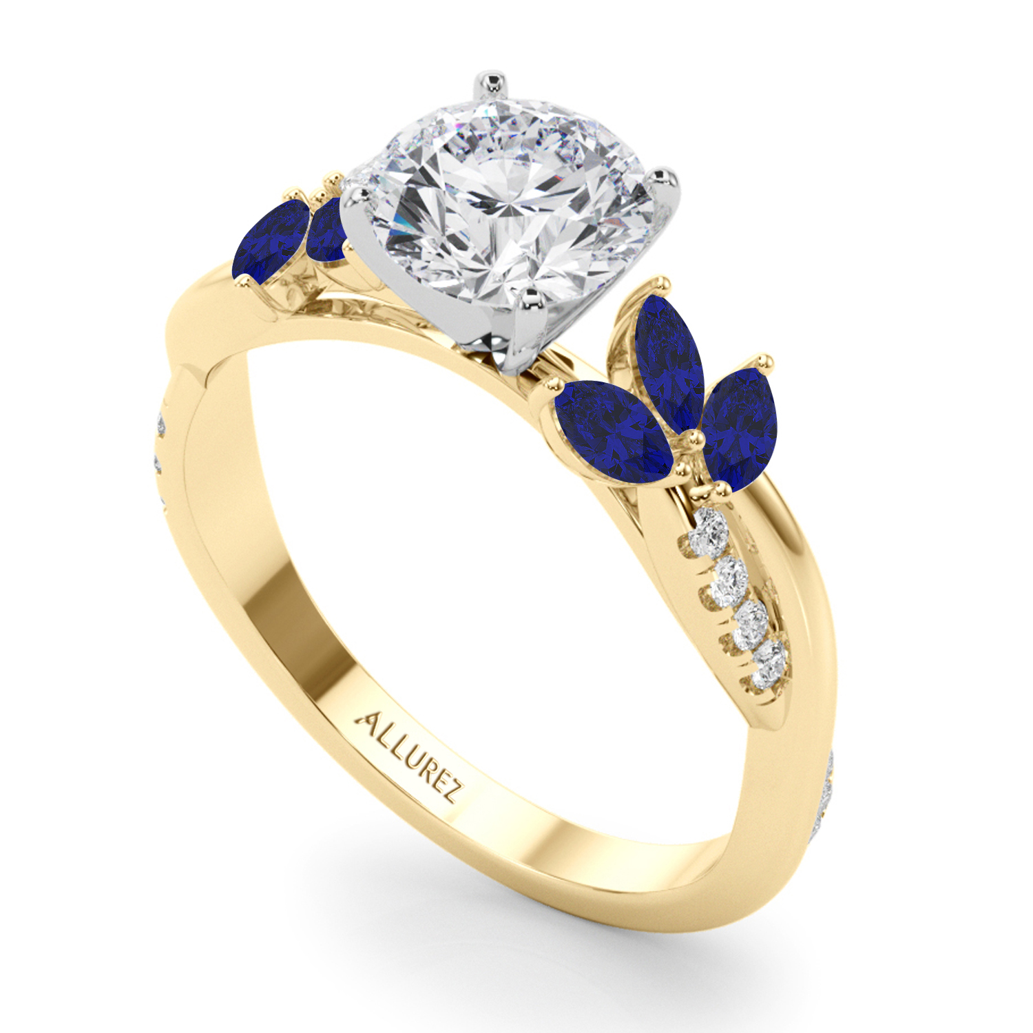 Lab Grown Diamond & Lab Blue Sapphire Marquise Leaf Engagement Ring 14K Yellow Gold (0.38ct)