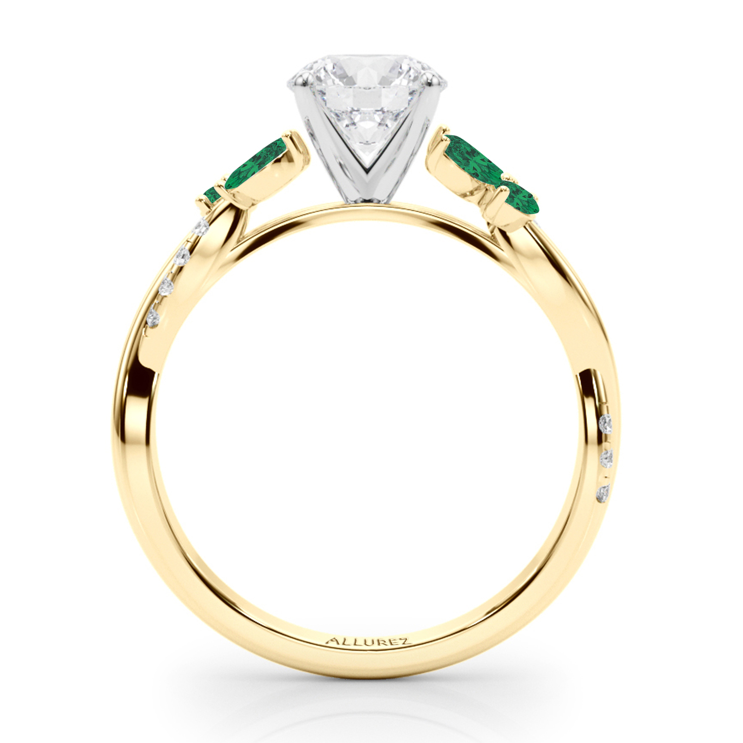 Diamond & Emerald Marquise Leaf Engagement Ring 14K Yellow Gold (0.38ct)