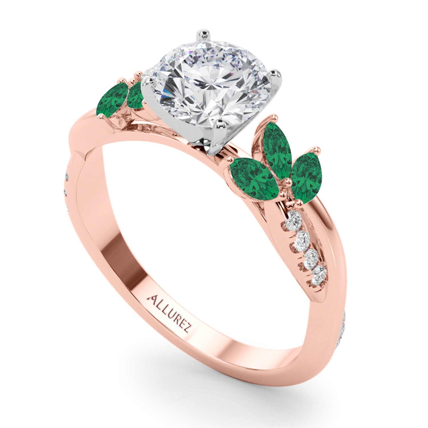 Diamond & Emerald Marquise Leaf Engagement Ring 14K Rose Gold (0.38ct)